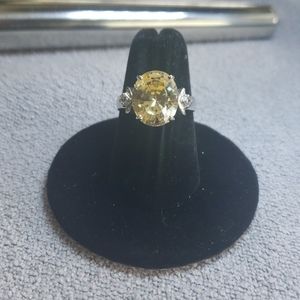 Yellow topaz and pave diamond silver plated ring